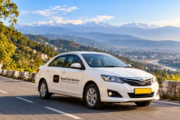 Royal Taxi Service taxi on a Dehradun mountain road